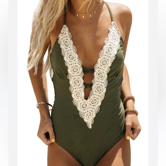 Cupshe Other - Cupshe Swimsuit One Piece Low Cut Adjustable Straps Lacey Accents Olive Green